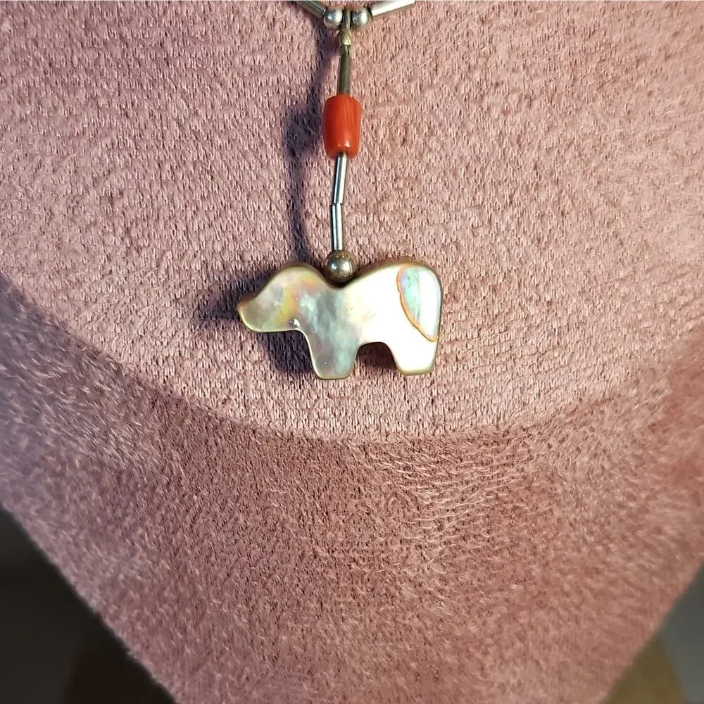Native American Bear Mother of Pearl Coral Liquid Silver